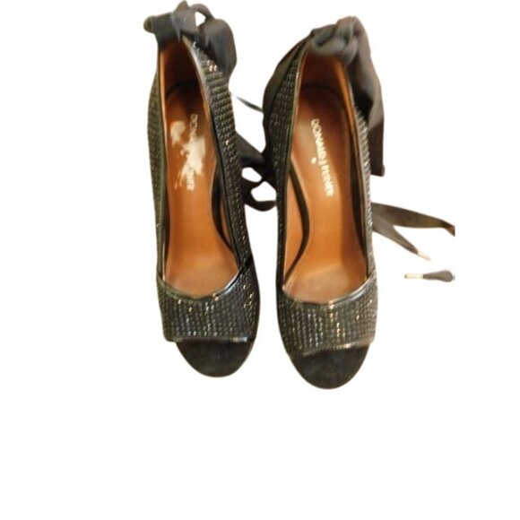 Donald J. Pliner Size 6.5 M Designer Wedge Bling Ankle Tie Wrap Heels Shoes - Picture 2 of 4